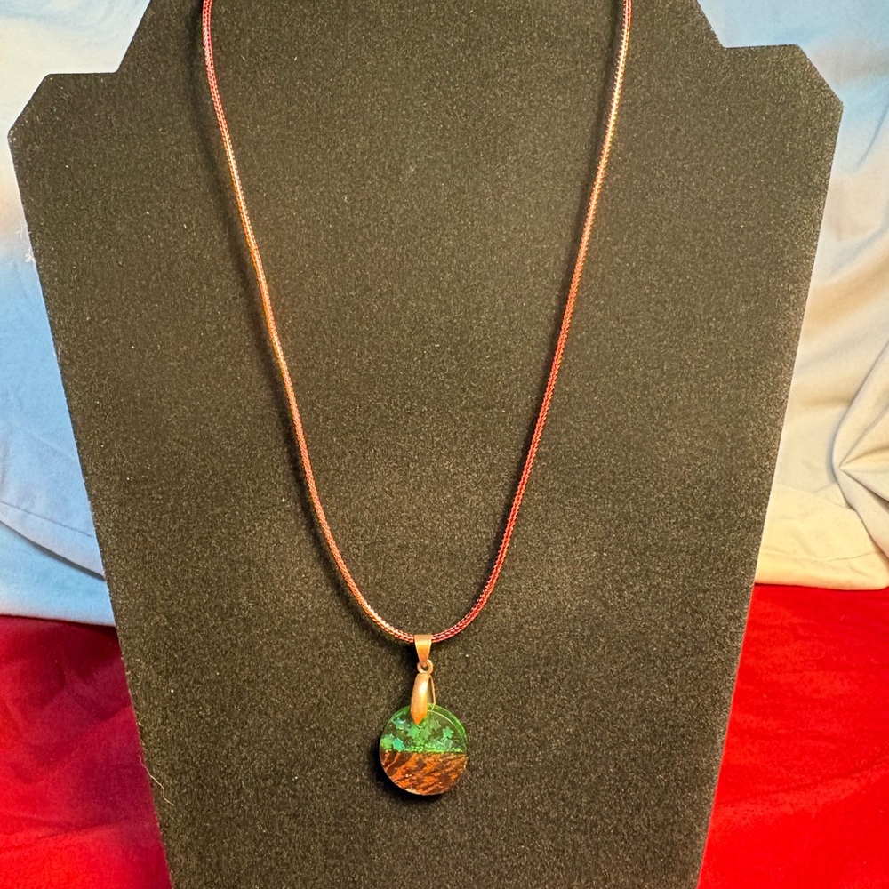 Handmade resin Green and wood Pendant Necklace